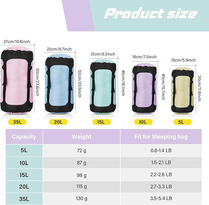 5 Pcs Compression Sacks for Backpacking 5L/10L/15L/20L/35L Camping Sleeping Bag Stuff Sack Water Resistant Sleeping Bag Storage Sack for Space Saving Hiking Gear
