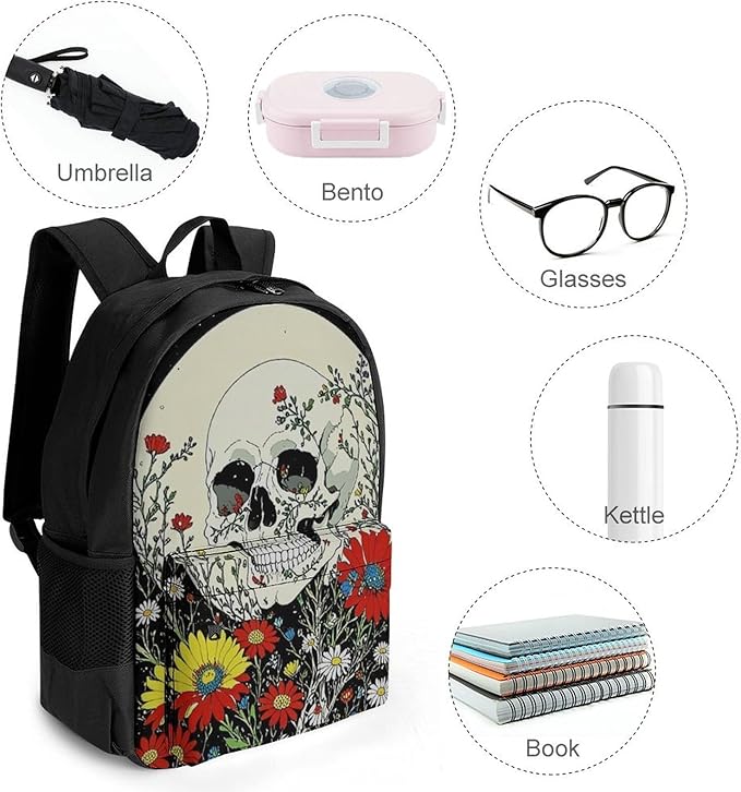 Supdreamc Backpack Lightweight Anti-Theft Multipurpose Psychedelic Skull Skeleton Floral Art Shoulder Bag Large Capacity Travel Hiking Backpack With Padded Straps
