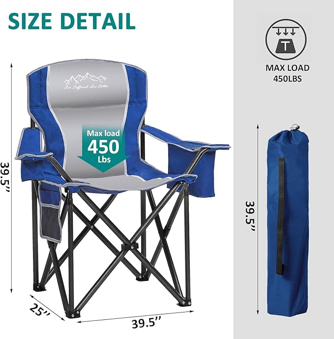 Camping Chair with Cooler Bag, Cup Holder, Storage Pocket, Heavy Duty 450lbs Capacity with Large Anti-Sink Feet, Portable Folding Padded Chair for Outdoor, Beach, Fishing, Sports, Blue