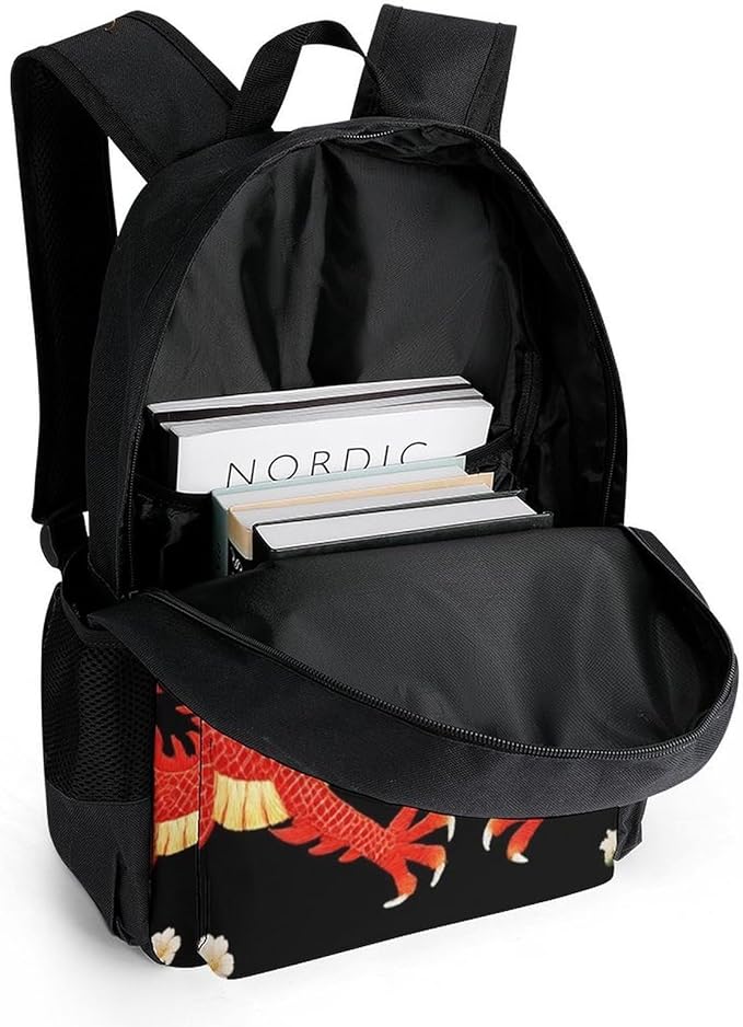 Men Women Polyester Floral Chinese Japanese Dragon Flower Backpack Large Capacity Bookbag With Smooth Zippers for Climbing Picnic Bicycle