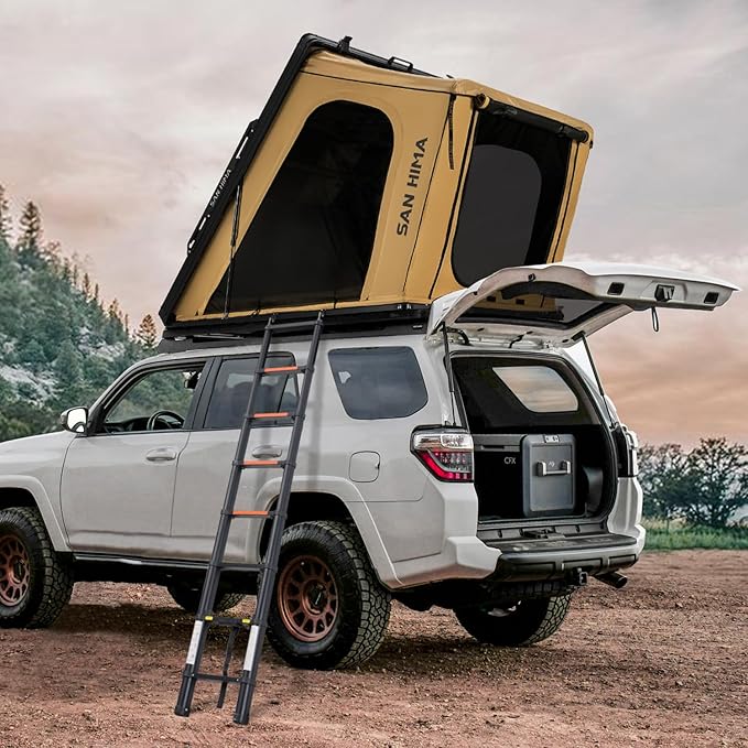Sanhima Rooftop Tent Hard Shell - Hotham Lite Overland Aluminium Roof Top Tent 4.56" Slimline, w/Tri-Color LED Strip Light & 1.97” Thick Mattress, for Car SUV Truck Camping, 2-3 People