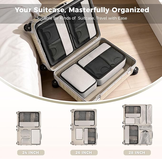 8-Piece Compression Packing Cubes for Travel, Ultralight Minimalist Luggage Organizer Set, Space Saving Design with Toiletries and Laundry Bag for Carry-On, Suitcase & Organized Travel - Beige