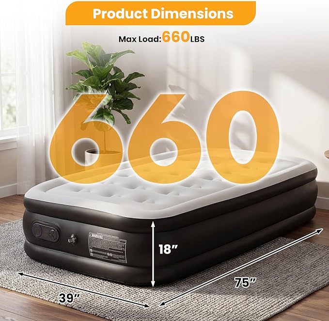 NEWBULIG Twin Air Mattress 18 Inch with Built-in High Capacity Pump, Inflatable Air Bed for Home, Camping & Guest, Portable Blow Up Mattress 660 lbs Weight Capacity, Double Height & Non-Slip Bottom