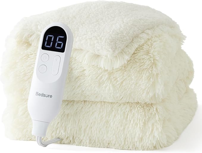 Bedsure Faux Fur Heated Blanket Throw Blanket, Fast Heating Fluffy Electric Blanket, Heated Throw with 4 Time Settings & 6 Heating Settings, Cozy Gifts for Women Men(50x60 inches, Cream)