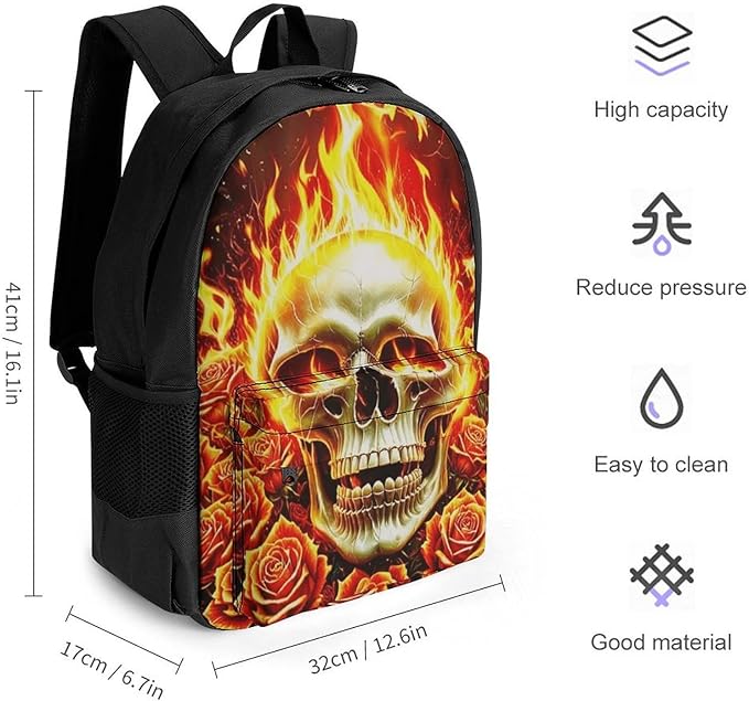Lightweight Rucksacks for Camping Picnic Walking Cycling, Large Capacity Multipurpose Anti-Theft Carry On Bag, Skull Rose Fire Travel Hiking Camping Rucksack