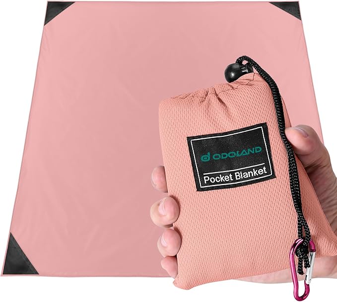 Odoland Pocket Blanket Picnic Blanket, 71" x 63" SandProof Waterproof Outdoor Beach Blanket with Portable Bag, Foldable Lightweight Sand Free Quick Drying Beach Mat for Hiking Camping Travel, Pink