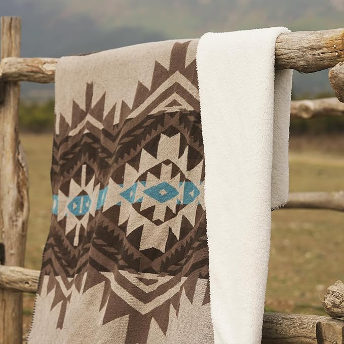 Aztec Throw Blanket with Soft Sherpa Lining, Traditional Southwestern Navajo Tribal Style Warm Throw for Camping, Outdoor, Cozy Boho Blanket for Couch, Sofa, Bed, 60"x80", Teddy Brown