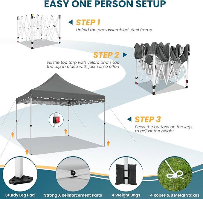 HOTEEL 10x10 Pop Up Canopy, Easy Setup Party Tent with Carry Bag, Weight Bag, Outdoor Portable Event Shelter for Backyard, Market, Gray