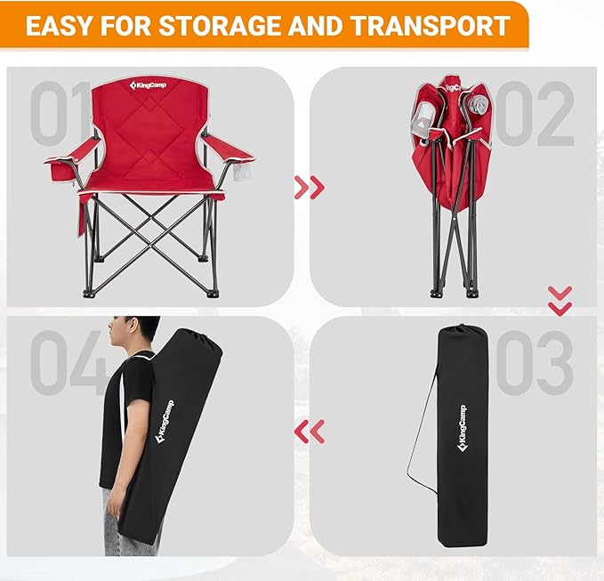 KingCamp Oversized Camping Chair, Portable Folding Outdoor Chairs with Comfortable Padded Seat, Side Pocket and Cup Holder for Fishing, Tailgates, Beach, Lawn, RED
