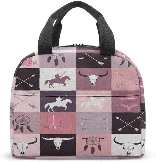 Western Retro Denim Insulated Lunch Bag Bear Deer Bird Nature Landscape Cactus Thermal Tote Portable Size (05)