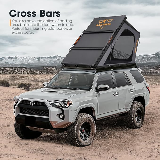 Sanhima Rooftop Tent Hard Shell - Hotham Lite Overland Aluminium Roof Top Tent 4.56" Slimline, w/Tri-Color LED Strip Light & 1.97” Thick Mattress, for Car SUV Truck Camping, 2-3 People