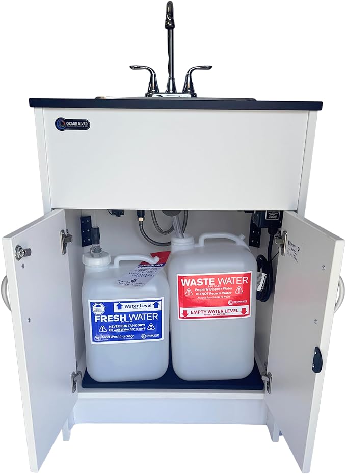 Ozark River Portable Sinks Essential Series, Black Laminate Countertop-White Cabinet-Stainless Basin, Mobile Hot Water Hand Washing with Water Tanks,110v Portable Handwashing Sink