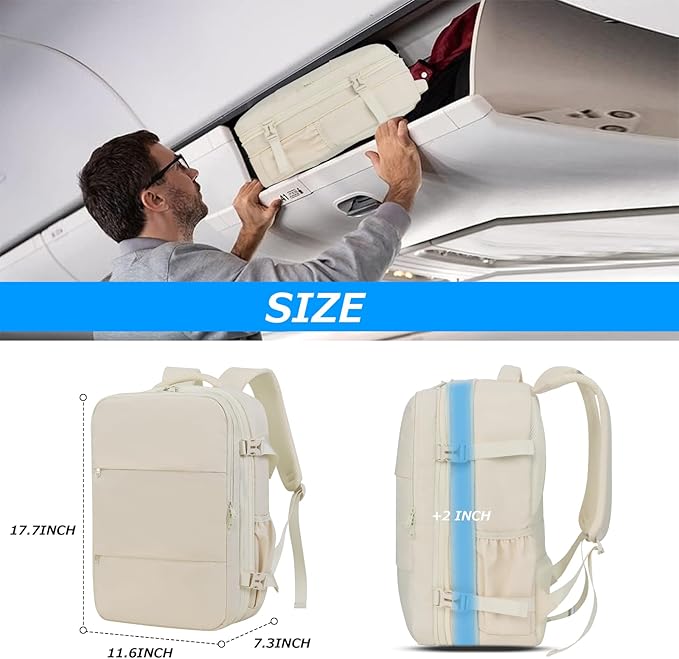 Air Vacuum Compression Travel Backpack: Expandable Beige Carry On Bag Vacuum with Pump Fits 17.3 inch Laptop for Women & Men - Suitable for Business, Camping and Work Water-resistant