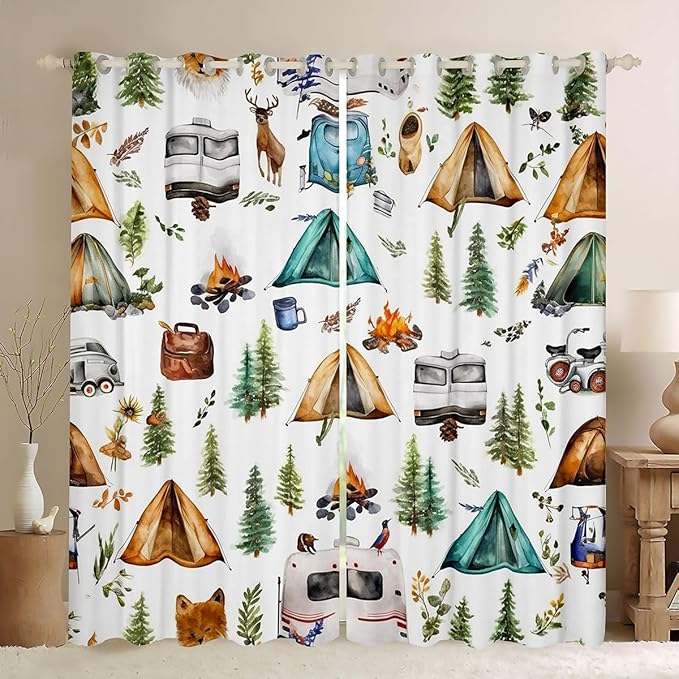 Feelyou Camper Theme Curtains for Bedroom Living Room Happy Camping Blackout Darkening Drapes Travel Car Rv Window Treatments, 2 Panels 42 x 90 Inch Cute Camper Room Decor