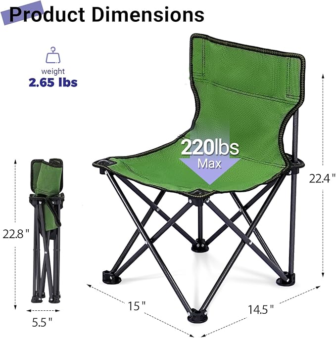 Kids Camping Chair, Kids Folding Chair for Outdoor, Lightweight Backpacking Chair, Armless Foldable Lawn Chair for Outdoor Camping Hiking Beach Sports and Picnic, Green, with Carry Bag