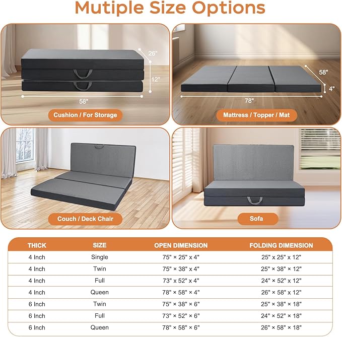 Tri Folding Mattress Single Size - Memory Foam Tri-fold Handle & Non-Slip Bottom, Portable Foldable Sofa Bed Floor Chair for Travel RV Camping Guest Yoga - 4 Inch, 75"x25"x4"