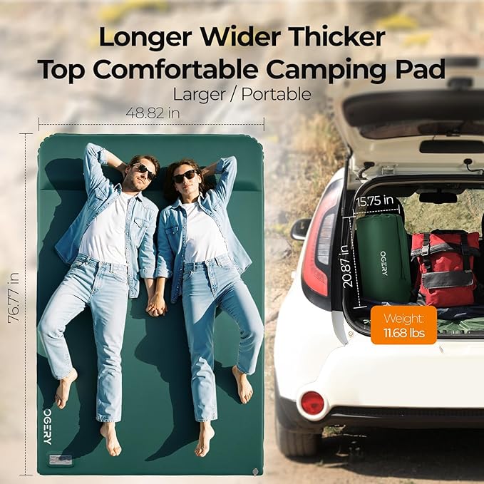 OGERY Self Inflating Sleeping Pad with Electric Pump, 3.15" Ultra-Thick Memory Foam Camping Pad, 4 Season Camping Mattress Pad with Built-in Pillow, Camping Essentials Gear for Tent Travel Car