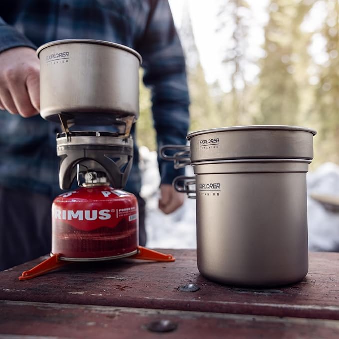 Explorer Bear Titanium Stackable Camping Cooking Pot Mess Kit Set