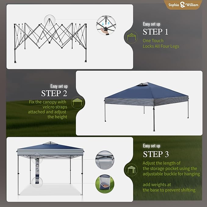 Sophia & William Canopy Tent Pop Up 10x10 ft One Person Push Set Up Tent, Outdoor Canopies Shelter Heavy Duty Straight Legs with 4 Sandbags & Guy Ropes, 1 Roller Bag & Storage Bag, 8 Stakes UPF50+