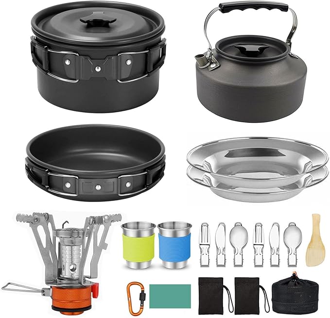 Camping Cookware Camping Cooking Set, Non-Stick Pots and Pans with Kettle, 2 Stainless Steel Plates, 2 Water Cups, 2 Sets of Knives and Forks, Spatula, Dish Towel, Backpack Storage Bag