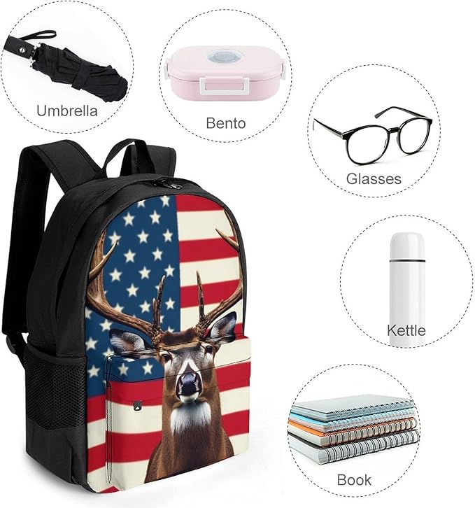 Supdreamc Lightweight Backpack for Gym Travel Bicycle, Big Capacity Multipurpose Anti-Theft Carry On Bag, American Hunting Deer Flag Travel Hiking Bag Day Pack