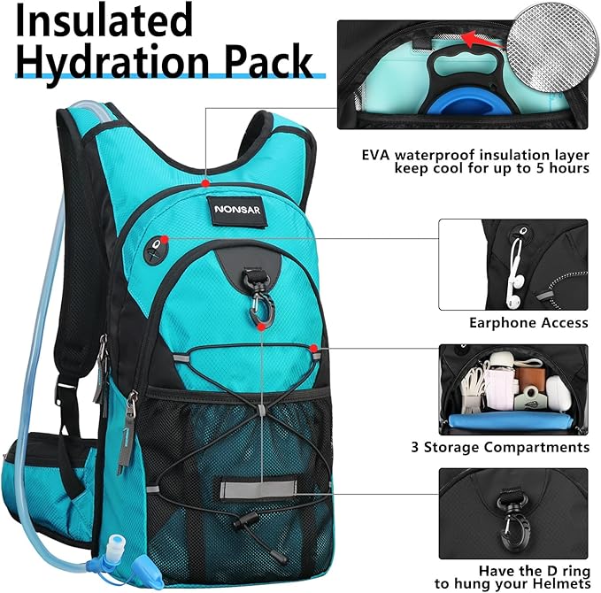 NONSAR Hydration Backpack, Hiking Backpack with 3L Water Bladder, Insulated Water Backpack for Women, Men, Kids, Keep Liquids Cool Up to 5 Hours, Daypack for Hiking, Running, Climbing, Cycling