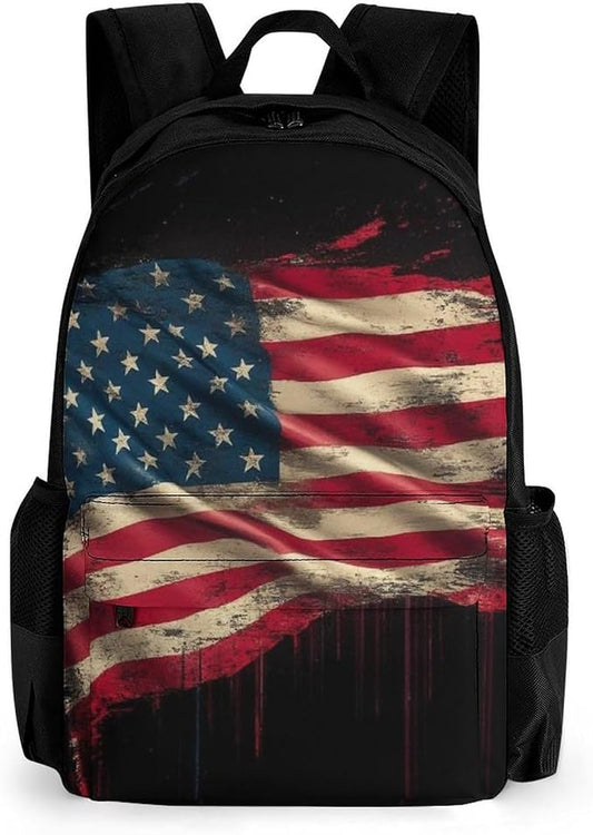 Shoulder Book Bags Polyester Multipurpose Anti-Theft American Flag Art Carry On Bag Large Capacity Travel Hiking Camping Rucksack