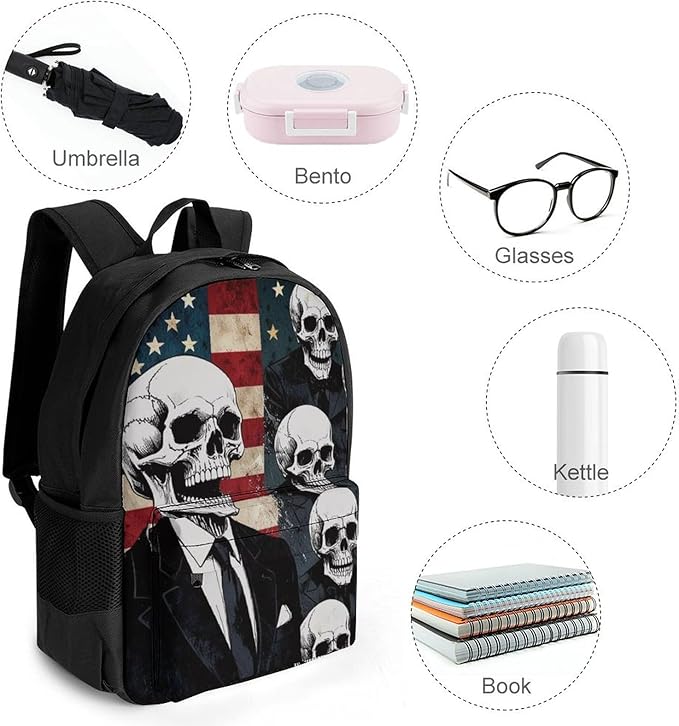 Lightweight Daypack Backpack for Sports Travel Running, Large Capacity Multipurpose Anti-Theft Bookbag, Skull American Flag Blue Red White Laptop Backpack Daypack