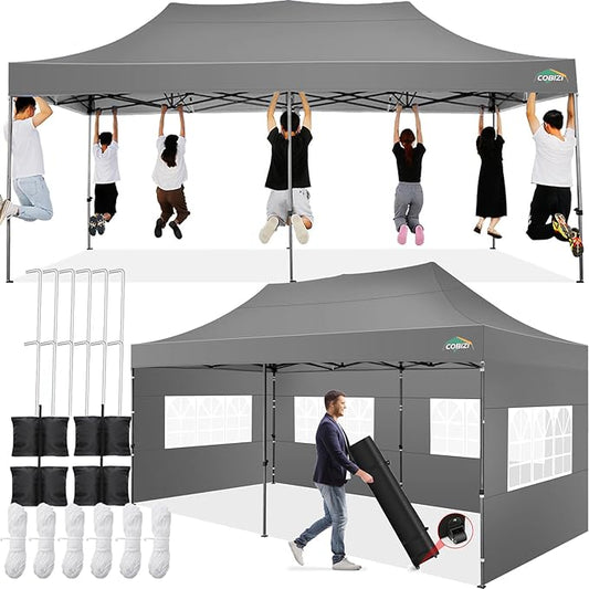 COBIZI 10x20 Pop up Canopy Tent 10x20 Canopy with 6 Sidewalls Waterproof Heavy Duty Commercial Tent for Parties Outdoor Garden Gazebo, Carry Bag with Wheel(10x20ft, Gray)