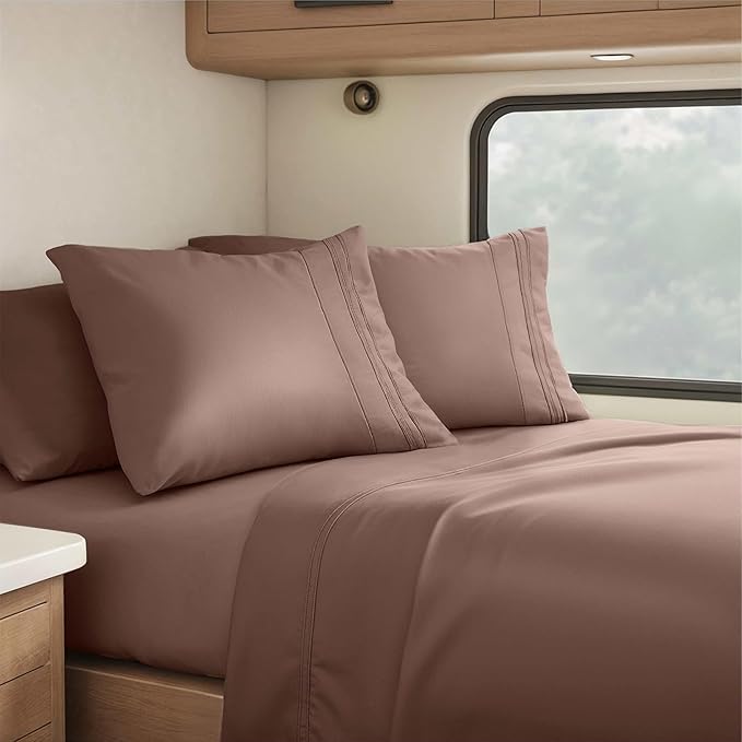 Hearth & Harbor Short Queen Sheets for RV, Chocolate Brown RV Queen Sheets, Silky Soft 1800 Microfiber Bed Sheet for Camper, 4 Piece RV Bedding with Pillowcases