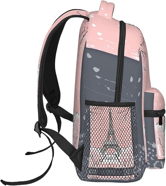 Men Women Polyester Paris Eiffel Tower With Pink Cherry Flower Blossom Art Daypack Big Capacity Shoulder Bag With Adjustable Shoulder Straps for Camping Travel Walking Cycling
