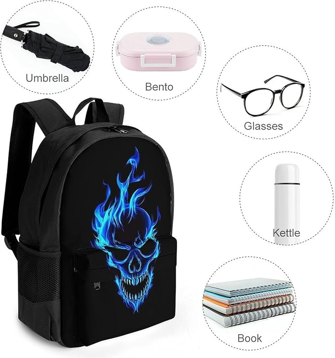 Polyester Daypack for Camping Travel Walking Cycling, Big Capacity Anti-Theft Multipurpose Bookbag, Skull Blue Fire Camping Outdoor Backpack