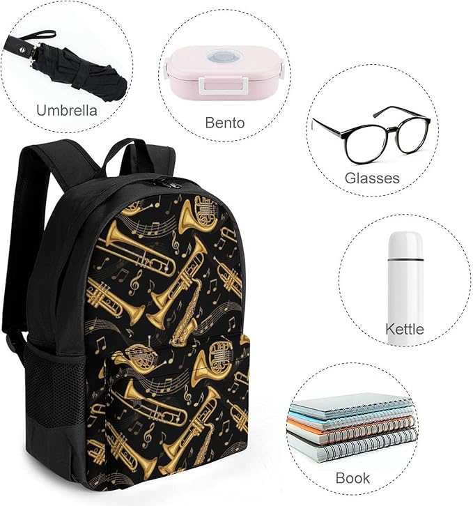 Polyester Daypack for Camping Travel Walking Cycling, Big Capacity Anti-Theft Multipurpose Bookbag, Gold Trumpet Trombone French Horn Black Camping Outdoor Backpack