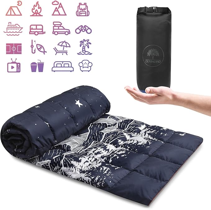 Down Camping Blanket, Ultralight Compact Packable Throw with Snaps for Outdoor Indoor, Travel Stadium Concert Picnic Beach, Puffy 650 Fill Down Water-Resistant Quilt (Midnight Sunrise)