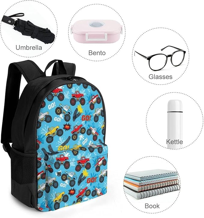 Men Women Polyester Monster Truck Cars Blue Casual Daypack Large Capacity Carry On Bag With Adjustable Shoulder Straps for Camping Work Running