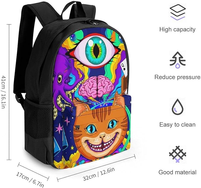 Supdreamc Rucksack Polyester Anti-Theft Multipurpose Acid Trip Colors Trippy Cat Eye Octopus Art Bookbag Big Capacity Travel and Sport Backpack Rucksack With Side Pockets