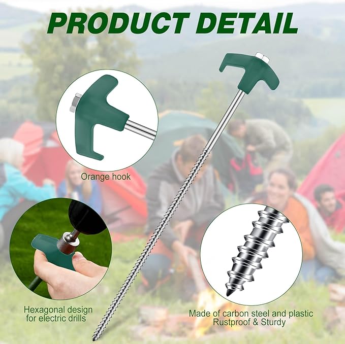 Hicarer 20 Pcs 12 Inch Tent Stakes Screw in Camping Stakes Heavy Duty Metal Spikes Ground Anchor Peg Threaded Tent Spikes with Hex Head Driver for Camping Garden Inflatable (Dark Green)