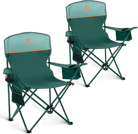 ALPHA CAMP Camping Chair 2 Pack Portable Chair with 3-Can Cooler Folding Chair with Side Pocket and Cup Holder, Collapsible for Camping, Tailgates, Beach, Fishing and Sports,2PC