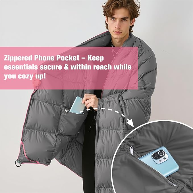 Down Camping Blanket - Lightweight Packable Warm Puffy Travel Quilt with Footbox, 650 Fill Power Waterproof Outdoor Blankets for Hiking, Travel, Dark Grey 1lb 1oz / 77''*52''