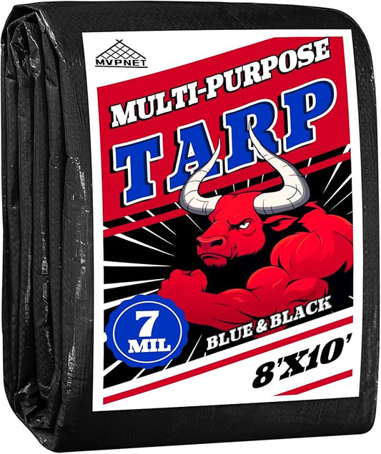 Tarp 8x10 Waterproof 7mil Blue/Black Multipurpose Tarps Uv Resistant Outdoor Tarp for Camping, Rooftops, Yards, Pools, Vehicles, Boats by-MVPNET