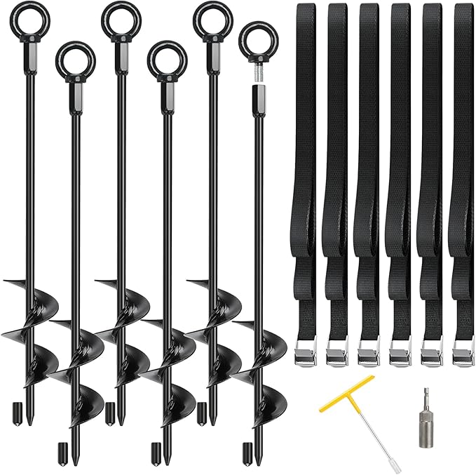 Trampoline Stakes High Wind Heavy Duty Kit, 4/6/8 Pack 18" Trampoline Anchors Ground Anchors Screw in with Adjustable Tie-Down Straps for RV Awning Swing Set Canopy Tent Stakes