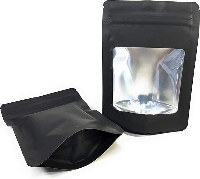 Smell Proof Odor Free Mylar TRAYBAGS (50 pack) Stand Up Foil Pouch, Strong Reusable Zip Seal, 4 Mil Thick. ROYPACK (Matte Black with Window, Small)