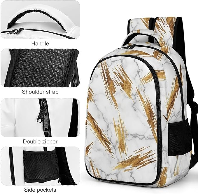 Water Resistant College Bookbag Gold Marble Texture White, Sturdy Laptop Backpack with Water Bottle Pockets for Men Women Travel Work