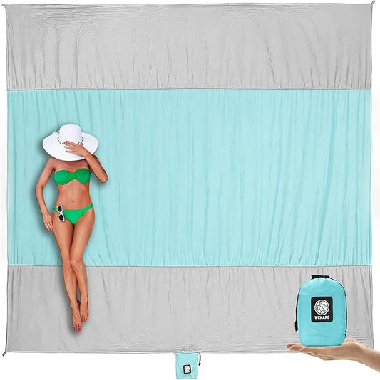 WEKAPO Beach Blanket Sandproof Waterproof, Extra Large Beach Mat, Oversized & Compact Sand Free Mat Quick Drying, Lightweight & Durable with Stakes & Corner Pockets