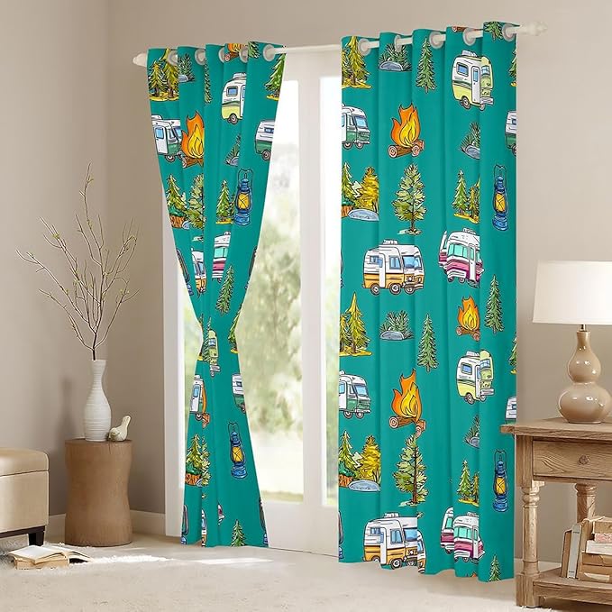 Feelyou Vintage Green Camper Curtains for Bedroom Living Room Rustic Camping Trailer Blackout Shades Camping Campfire Room Darkening Curtain Window Treatments, 2 Panels 52 x 63 Inch Decor