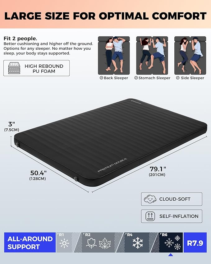 KingCamp Self Inflating Camping Pad, Ultra 6" Thick or Ideal 3" Thcik High R Value Air & Foam Camping Mattress, Full Size Double Sleeping Pad 2 Person for Camp Tent Outdoor Car, Multi Colors, PVC Free