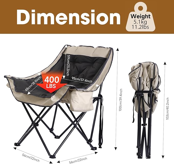 CDEN Camping Chair, Thick Padded Lawn Chair, Oversized Camping Chair, Deluxe, with Cup Holder, Side Pocket, Cooler Bag, for Camping, Hiking, Picnic, Travel, Festival (2 Pack)