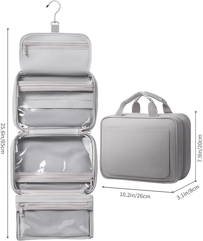 Toiletry Bag for Women & Men, Portable Hanging Makeup Bag/Cosmetic Bag with Compartments, Compact Travel Toiletry Bag Organizers (Grey)