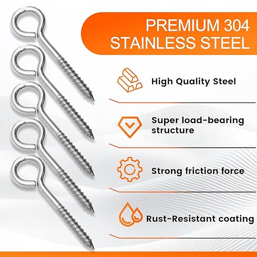 8Pcs Self Tapping Eyelet Screw Eye Bolt，6 Inch Heavy Duty Screw Eyes Hooks ，M10 Wooden Large Screw Eye Hook，Load Capacity 800 Lbs for Hammock ，Yoga，Heavy Indoor Outdoor Uses (8, M10-6 INCH)