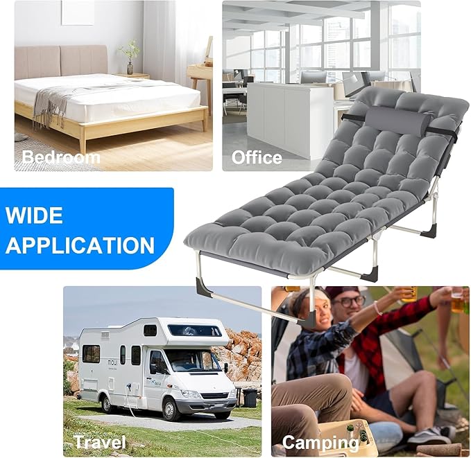 Leo IRis Portable Folding Camping Cot, Oversize Adjustable 5-Position Adults Reclining Lounge Chairs with Pillow, Heavy Duty Oxford Cloth 600D with Mattress (Gray - Upgrade Bed (with Mat))
